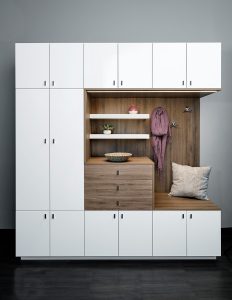 Mudroom cabinets for shoes, featuring a spot to sit and remove footwear