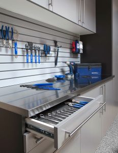 Silver Cabinets with Stainless Steel countertop