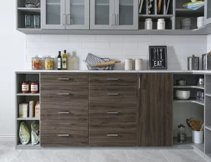 Kitchen cabinets with Ash Wood faces and white overhead cabinets