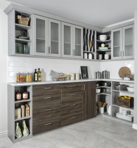Kitchen cabinets with white doors and shelves