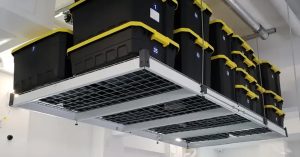 Overhead storage system with stacked bins