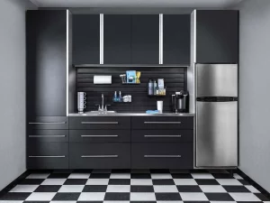Basalt cabinets with stainless countertops