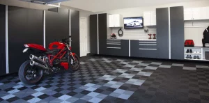 Basalt cabinets in garage with swisstrax floor tiles