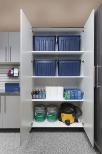 Silver cabinets with shelves for storing tools and other items