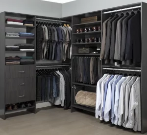 Men's Custom closet organized to separate Dress shirts and Suit Jackets on different racks