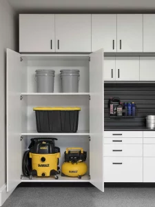 White cabinets with shelves for storage and equipment organization