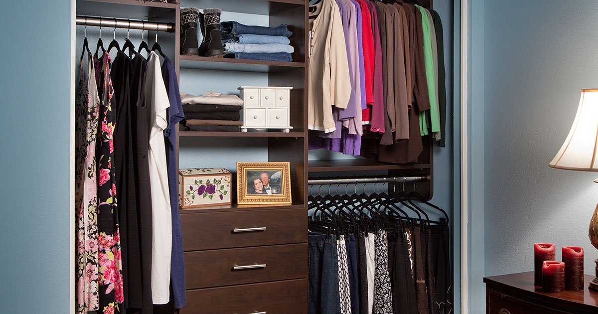 Custom closet solution with built in shelves and drawers.