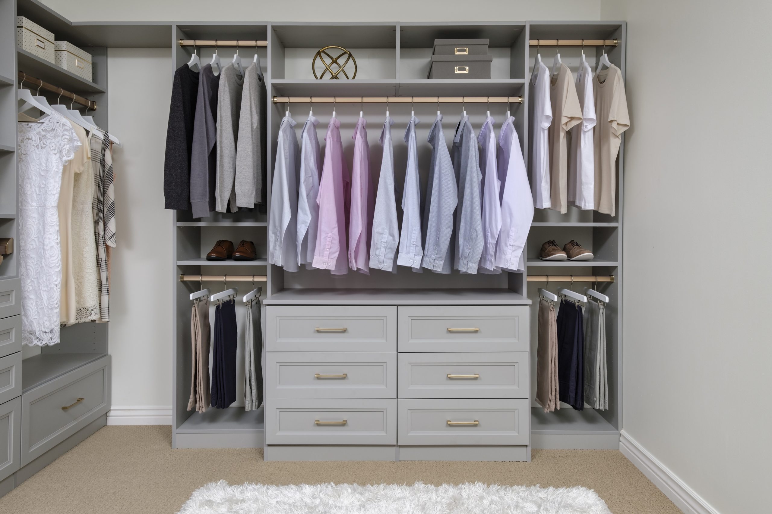 Custom built in closet solution with shelves and drawers. 