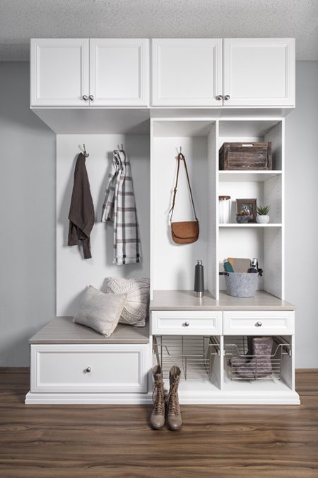 White custom shelving system for coats, hats, shoes, bags, etc. 