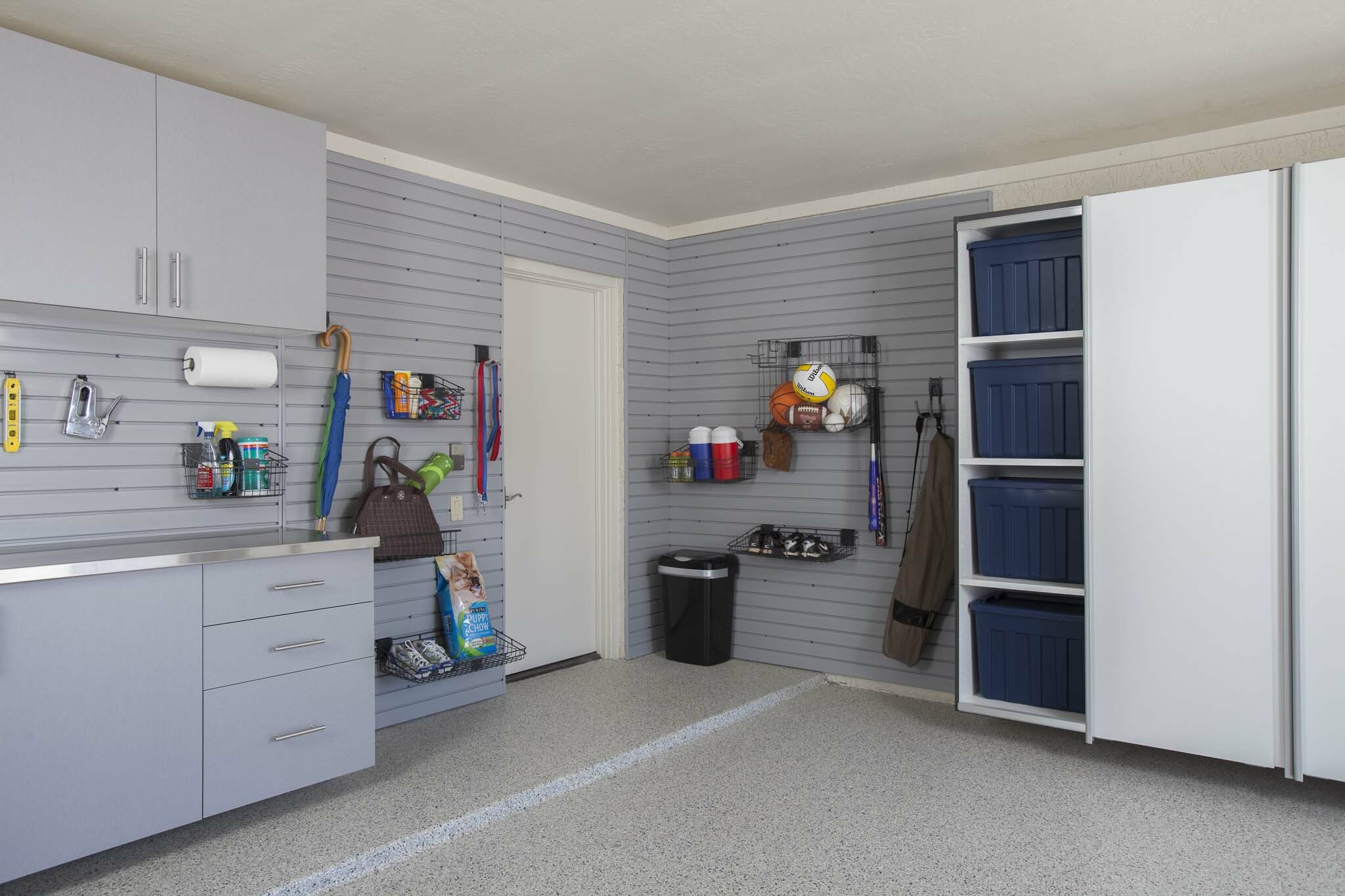 Organized garage with custom storage solutions.